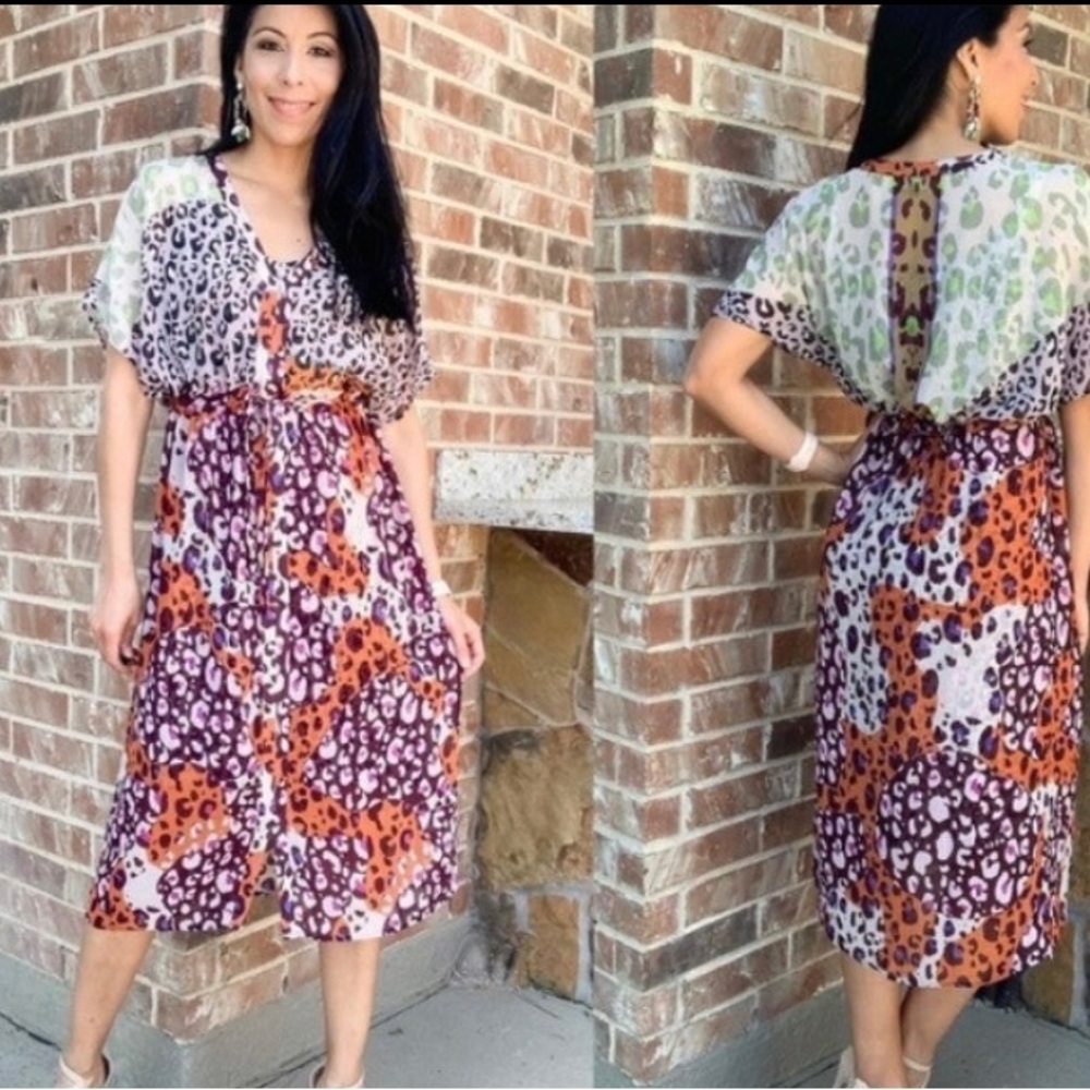 Cabi 5952 Escape Animal Print Tie Waist V-Neck Sheer Kimono 2pc Dress Size Large